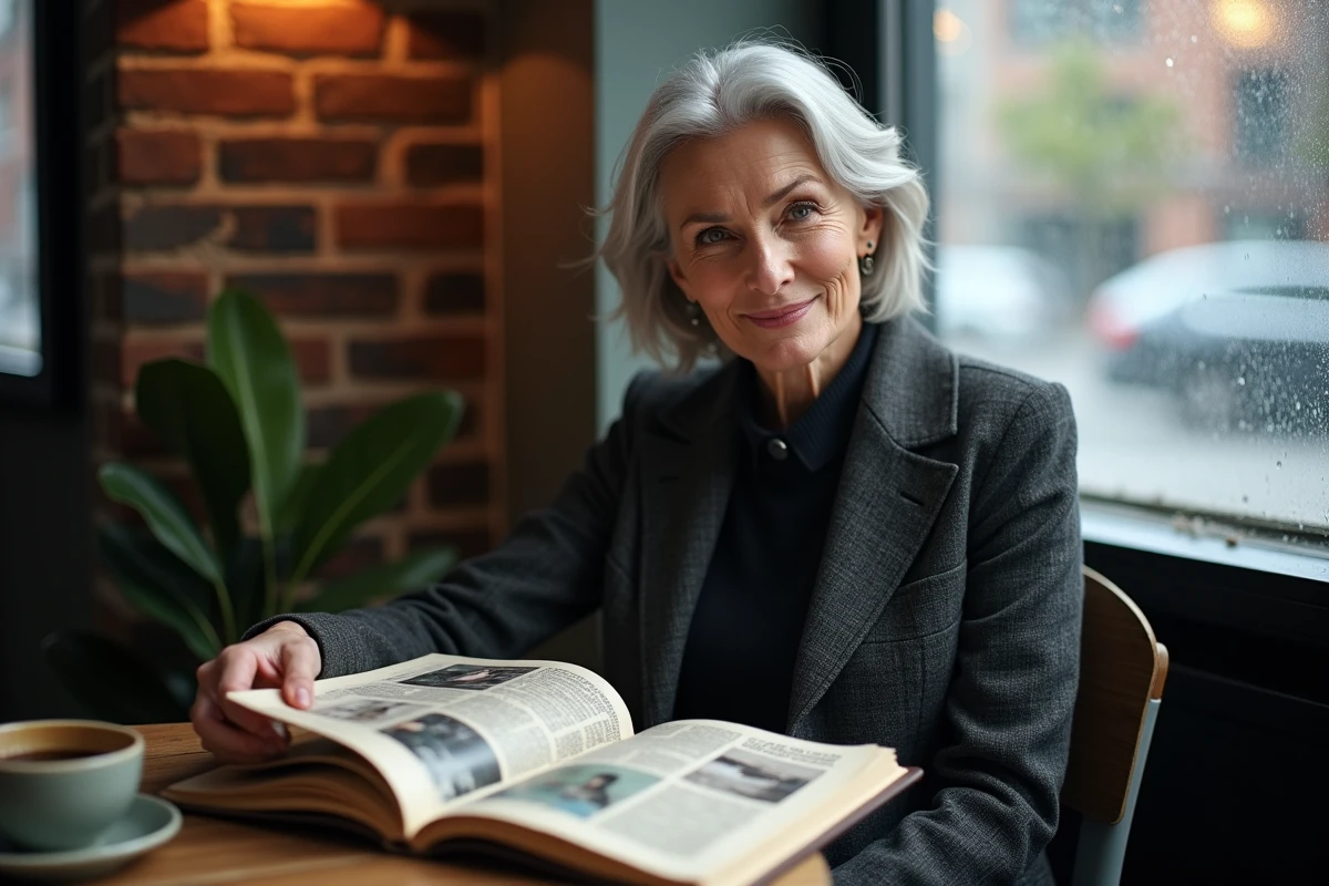 Actrice américaine mature feuilletant un album de coupures de presse dans un café, évoquant un destin hors du commun