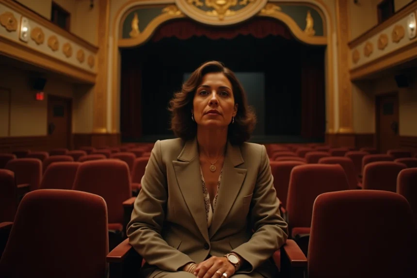 Actrice américaine seule dans un vieux cinéma hollywoodien au regard contemplatif, symbolisant une carrière interrompue