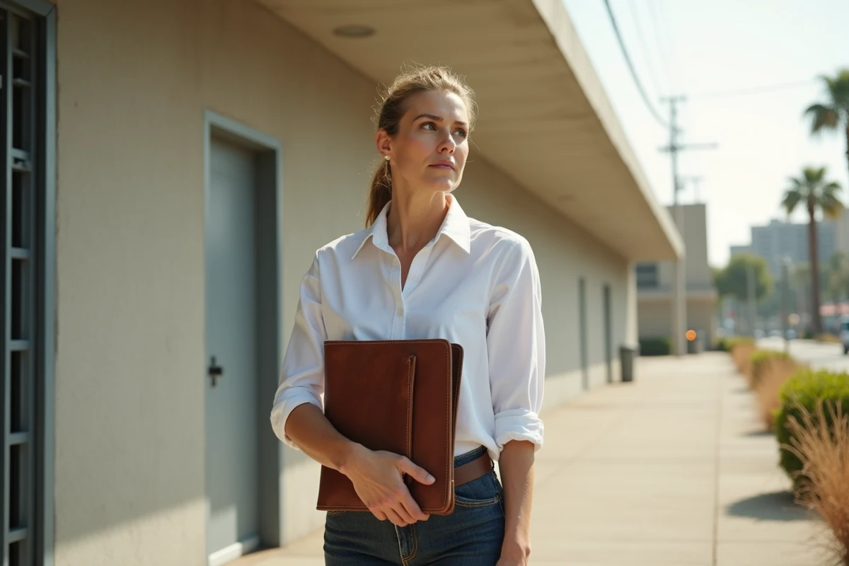 Actrice devant un bureau de casting à Los Angeles tenant un portfolio, illustrant les coulisses difficiles du cinéma américain
