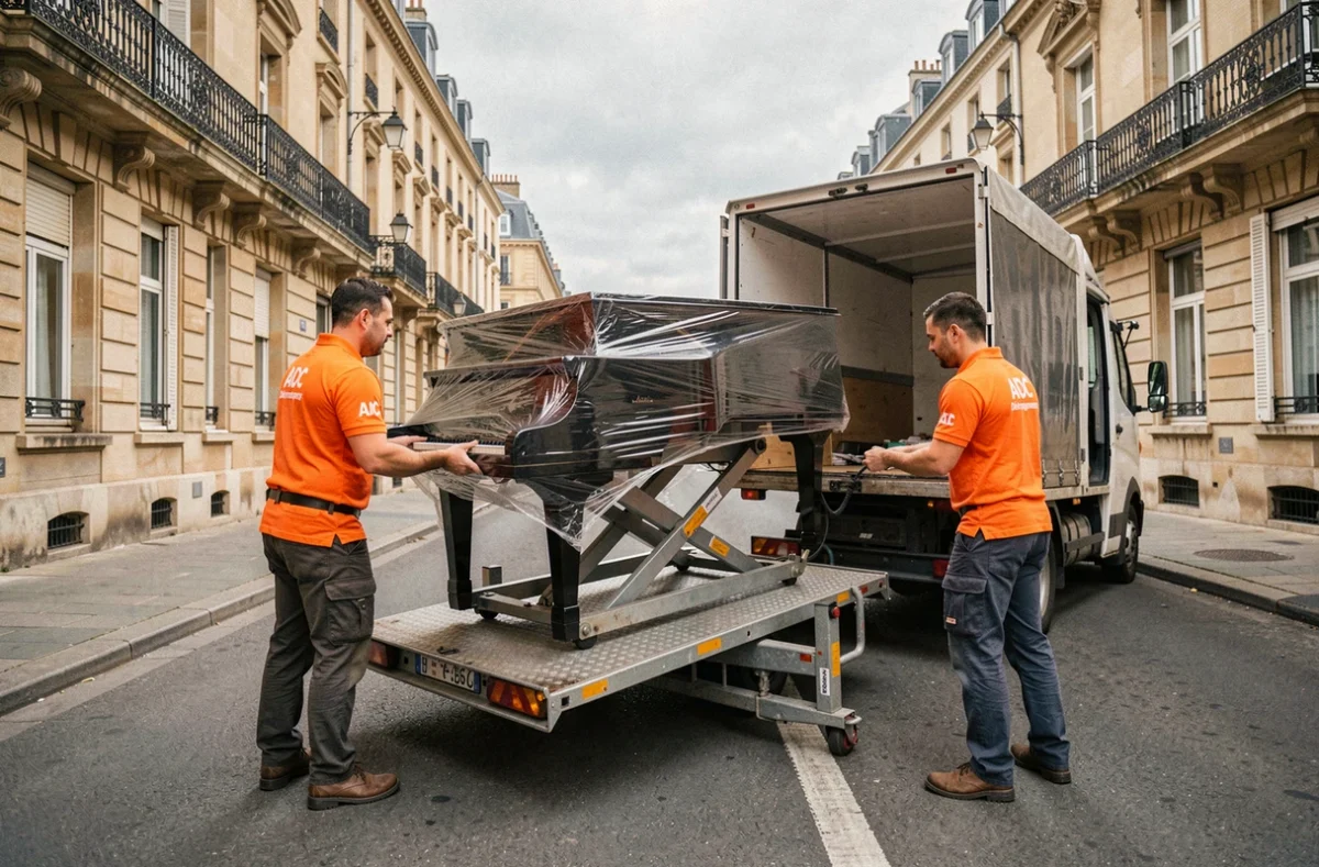 Équipe ADC Déménagement chargeant un piano sur un monte-charge devant un immeuble de Metz