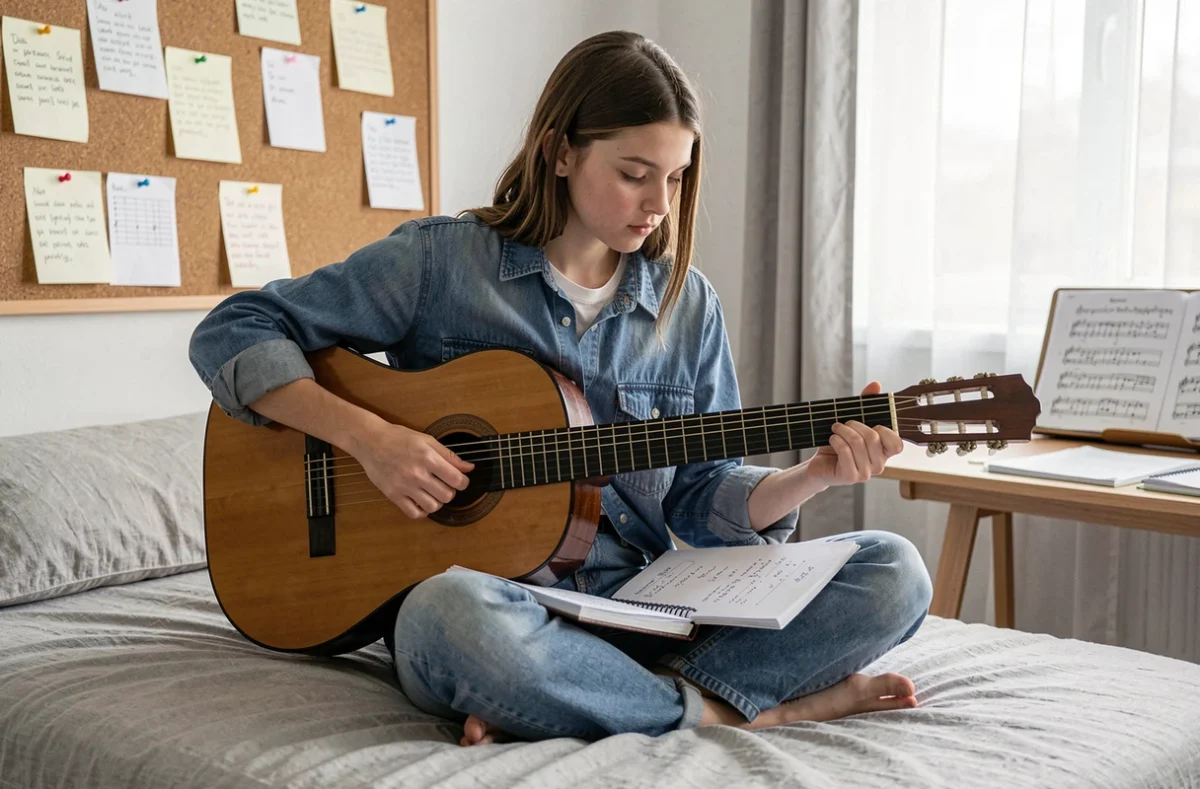 Adolescente apprenant les accords de guitare classique avec un cahier de partitions dans sa chambre