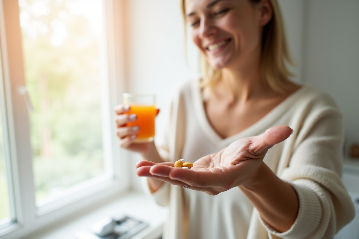 Adulte souriant tenant une eau de source et un comprimé de vitamine B6