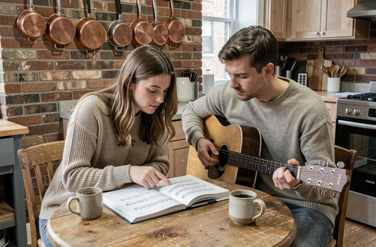 Deux adultes comparant tablature et partitions de guitare dans une cuisine moderne avec livre de méthode ouvert