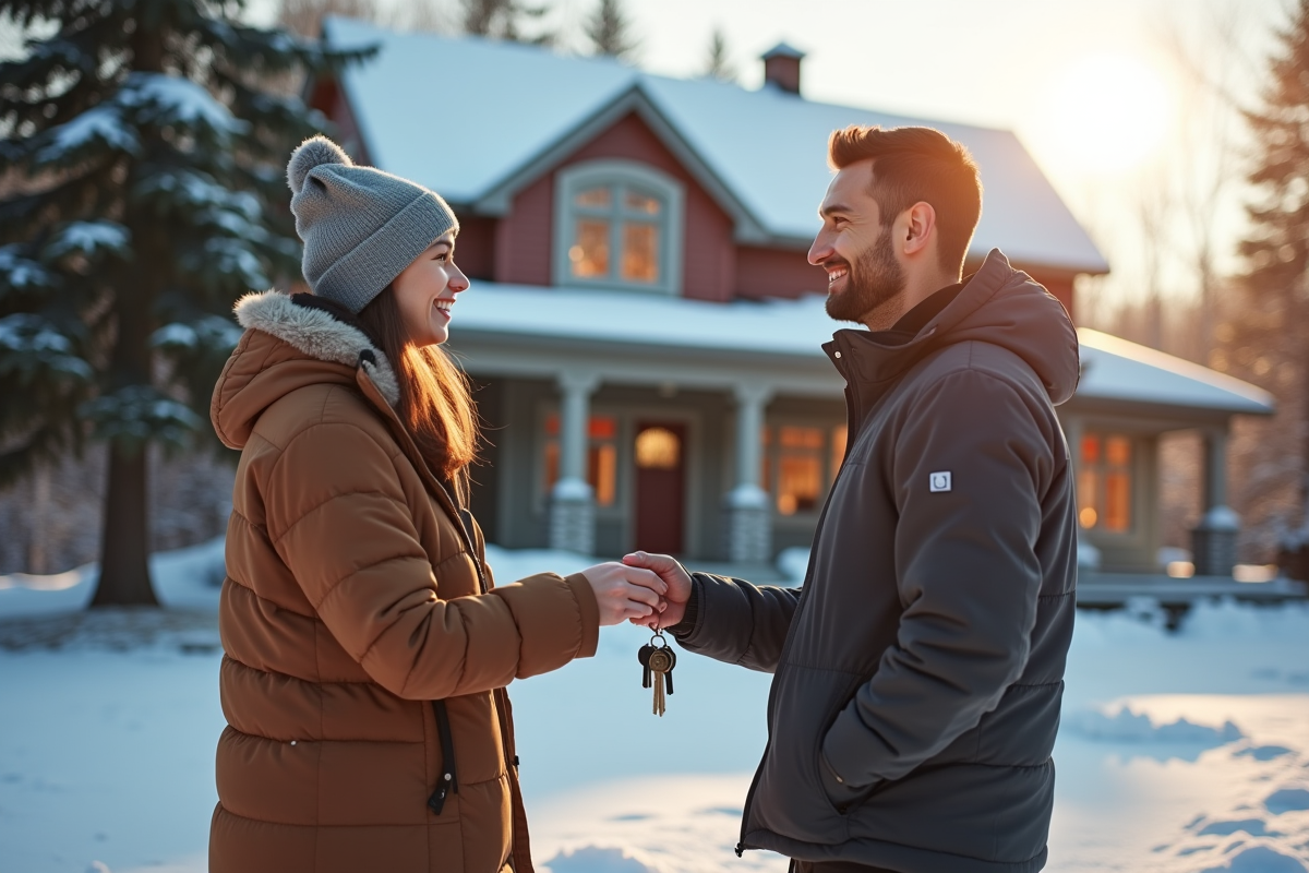 Agent immobilier remettant les clés à un couple devant une maison enneigee