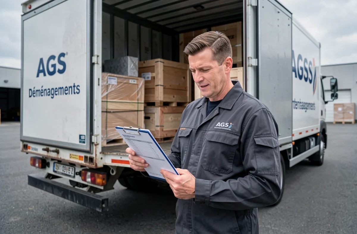 Spécialiste AGS Déménagements vérifiant un inventaire devant un camion de déménagement international à Metz