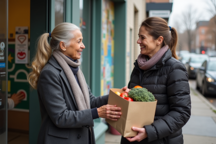 Femme modeste recevant des courses d'une assistante sociale