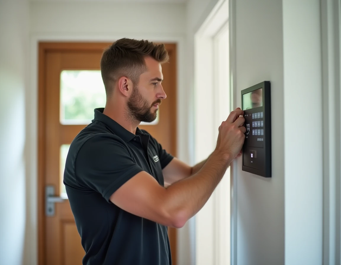 Technicien électricien spécialisé en alarmes installant un panneau de contrôle de système de sécurité dans un couloir résidentiel moderne