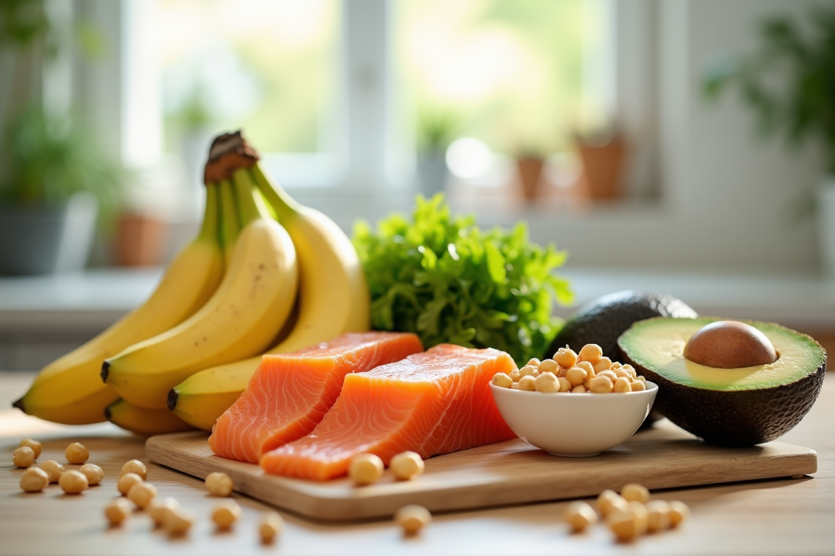 Aliments riches en vitamine B6 comme bananes saumon et avocats