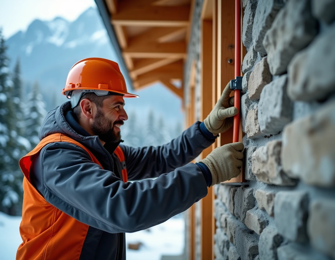 Électricien du bâtiment posant des conduits électriques sur un chantier de chalet en montagne avec forêt alpine enneigée en arrière-plan