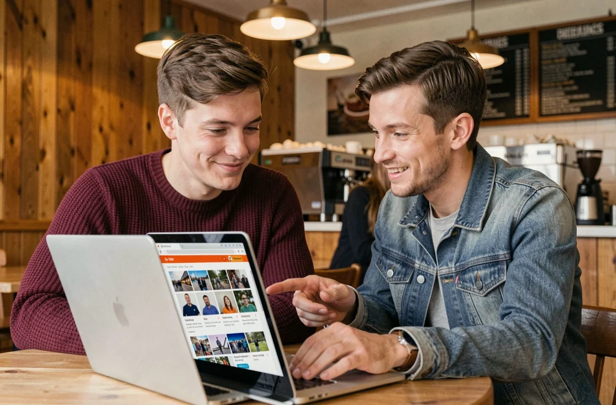 Deux amis dans un café parisien découvrant ensemble du contenu Reddit via une interface de défilement de médias sur un ordinateur portable