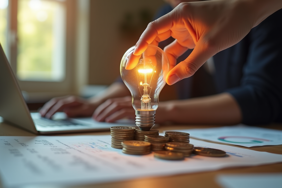 Main tenant une ampoule lumineuse sur des documents financiers