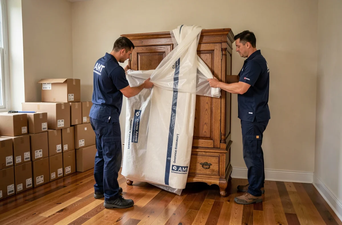 Déménageurs AMT Déménagement emballant une armoire en bois dans un appartement de Metz
