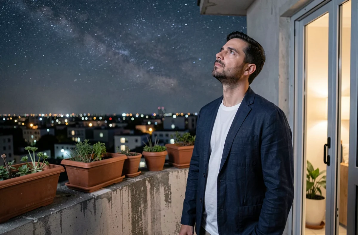 Homme pensif sur un balcon urbain la nuit contemplant le ciel étoilé en lien avec les anges gardiens