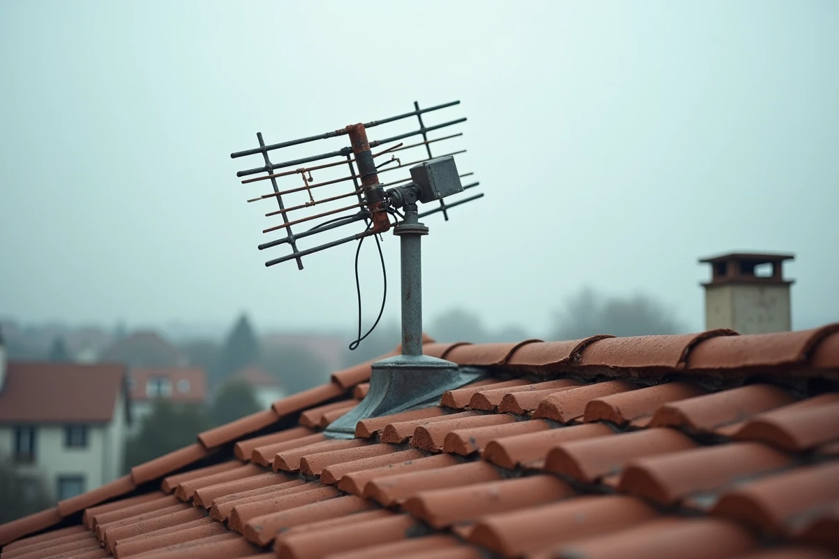 Antenne TNT défectueuse sur le toit d'une maison pavillonnaire française