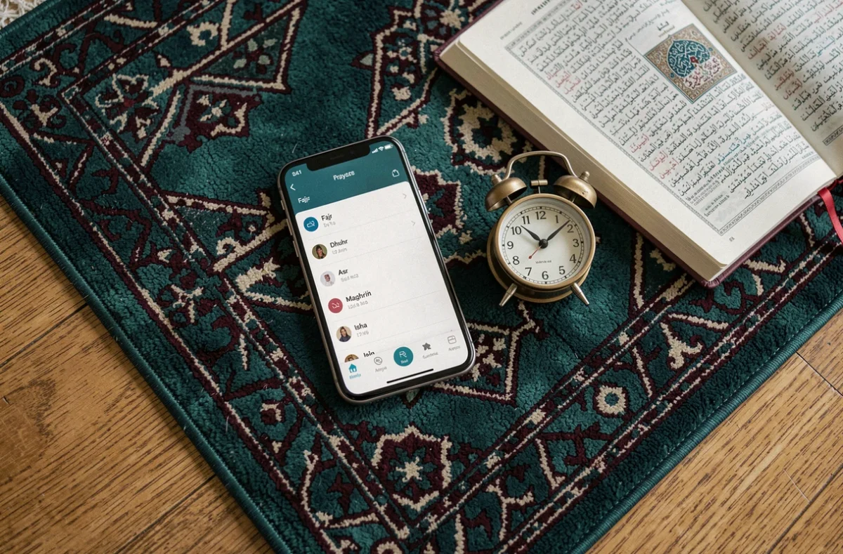 Application horaire de prière sur smartphone posé sur un tapis de prière avec une horloge analogique