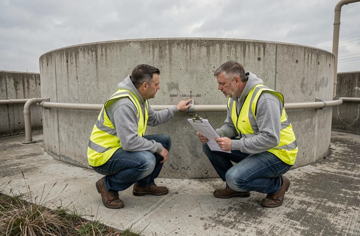 Deux artisans mesurant la capacité d'une cuve en béton sur un chantier extérieur pour convertir le volume en litres dans un devis de travaux