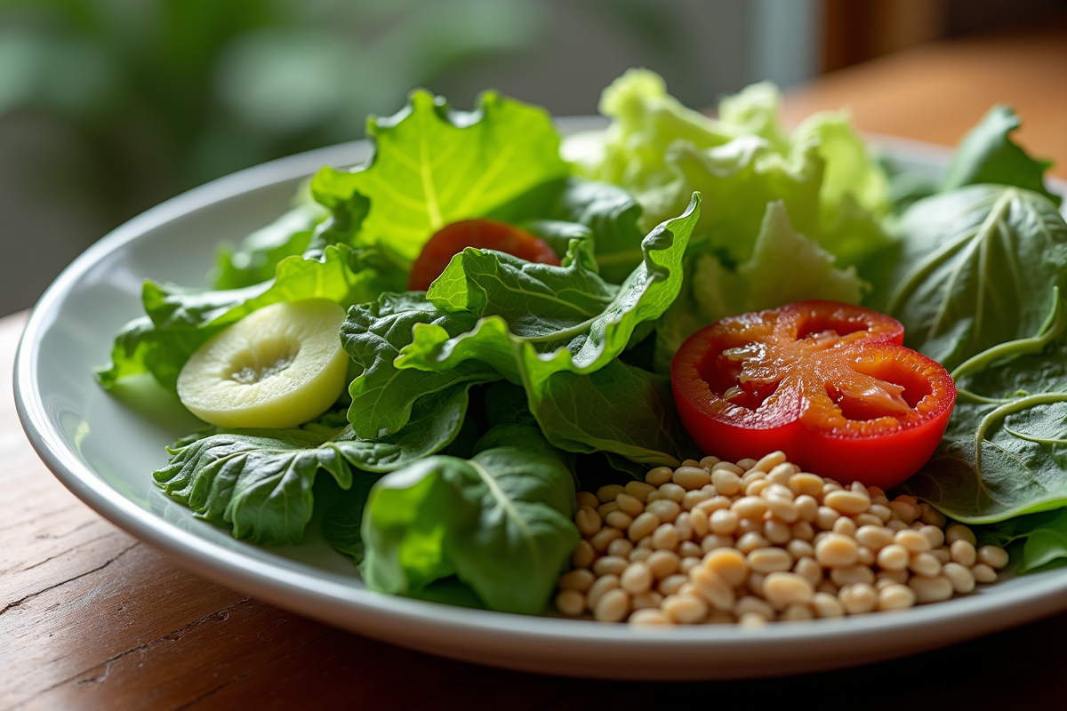 Assiette de légumes verts et grains entiers frais