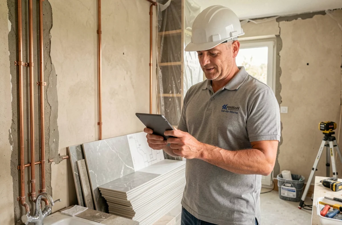 Entrepreneur Avenir Rénovations 94 supervisant un chantier de rénovation de salle de bain dans le Val-de-Marne
