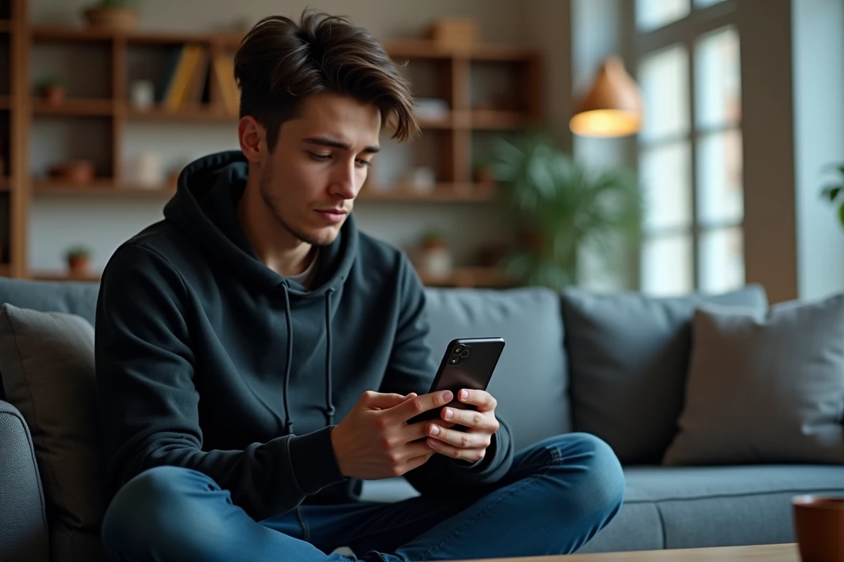 Jeune personne examinant un avertissement de site non vérifié sur son smartphone depuis son canapé