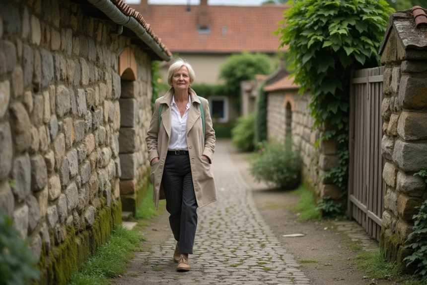 Femme se promenant dans une ruelle pavée du village de Bésigny en Seine-et-Marne, entourée de vieux murs en pierre calcaire