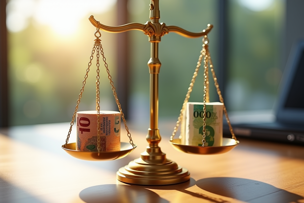 Balance en or avec billets et symboles de monnaies digitales sur un bureau