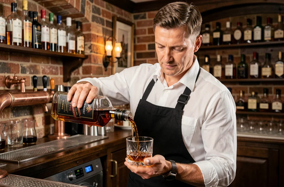 Barman versant du Johnnie Walker Black Label dans un verre à whisky dans un bar de style écossais traditionnel