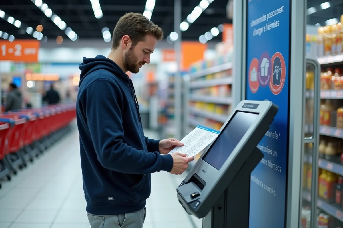 Homme utilisant une borne libre-service pour déposer un colis Vinted Go dans un supermarché