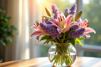 Premier plan d un bouquet de lys lavande et lilas en vase