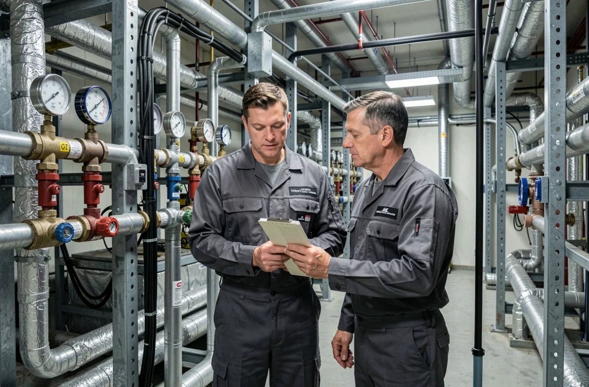 Techniciens BSMG-LTDF inspectant un réseau complexe de canalisations dans un local technique
