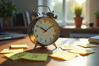 Bureau moderne avec horloge analogique indiquant 5 heures