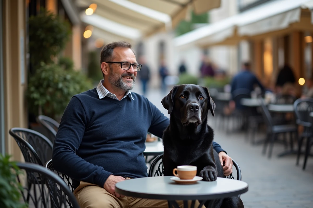 Homme et son labrador noir installés en terrasse d'un café pet-friendly sur la Grand-Place de Lille