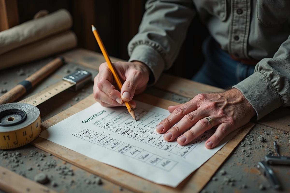 Mains d'artisan tenant une feuille de calcul avec des tableaux de conversion m2 en m3 pour commander du béton