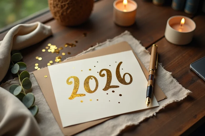 Carte de vœux Bonne Année 2026 manuscrite avec calligraphie dorée sur table en bois rustique