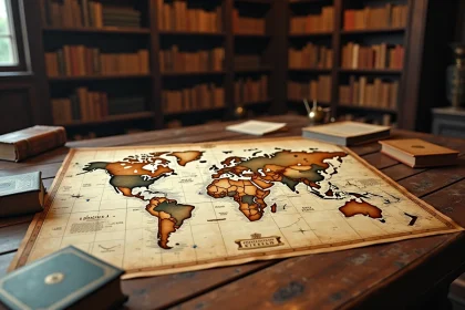 Carte du monde ancienne sur une table en bois mettant en valeur la Russie, le plus grand pays du monde, entourée d'atlas et de compas vintage