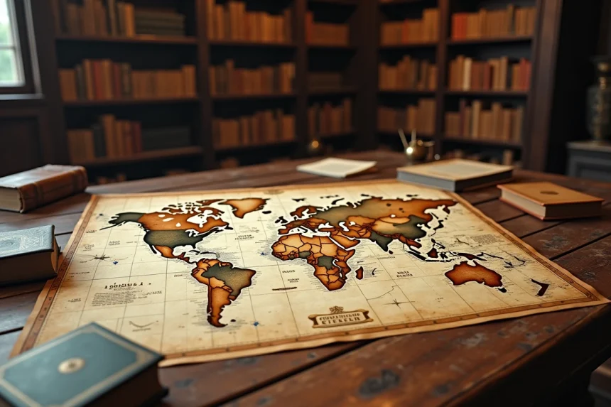 Carte du monde ancienne sur une table en bois mettant en valeur la Russie, le plus grand pays du monde, entourée d'atlas et de compas vintage