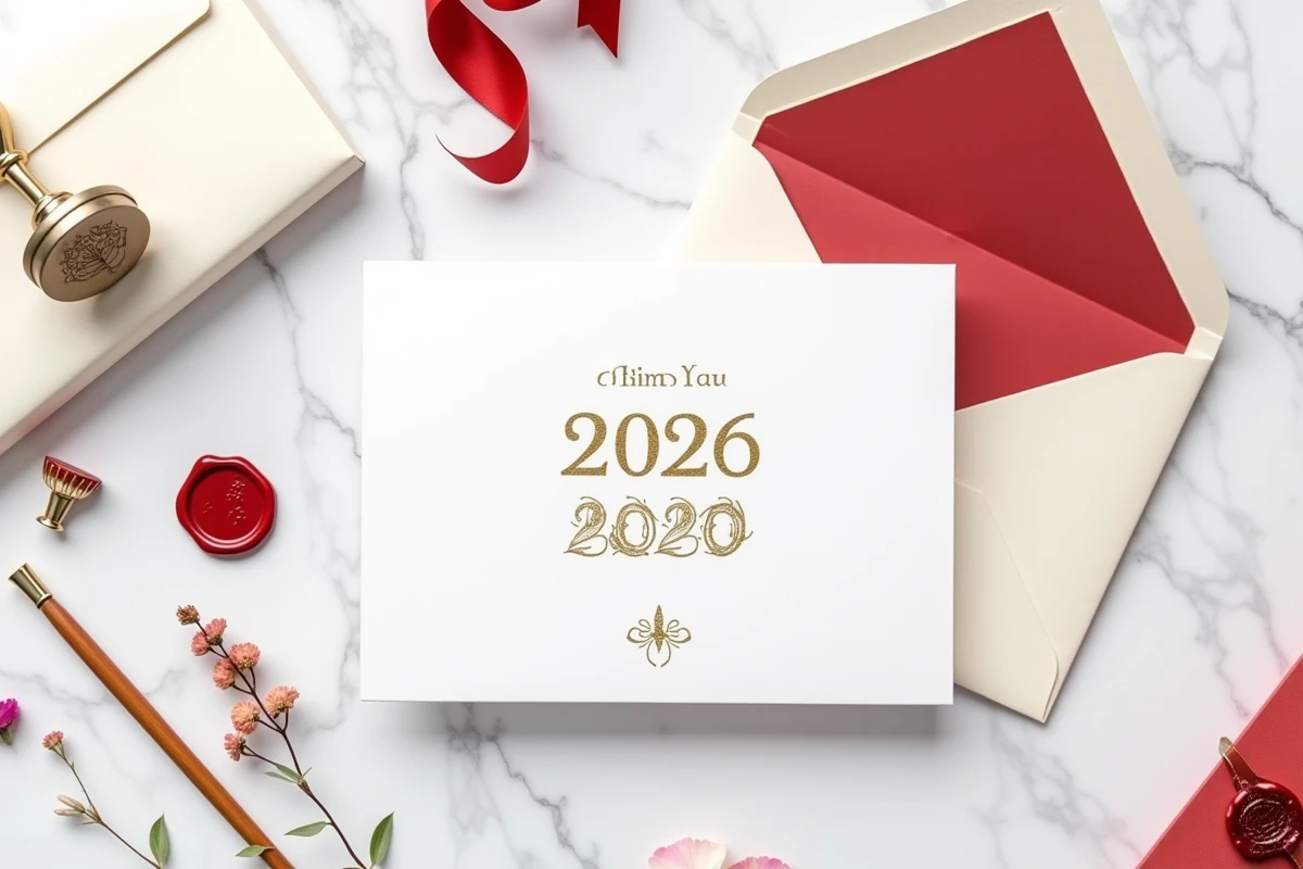 Cartes Bonne Année 2026 imprimées prêtes à envoyer avec cachet de cire et enveloppes sur marbre blanc
