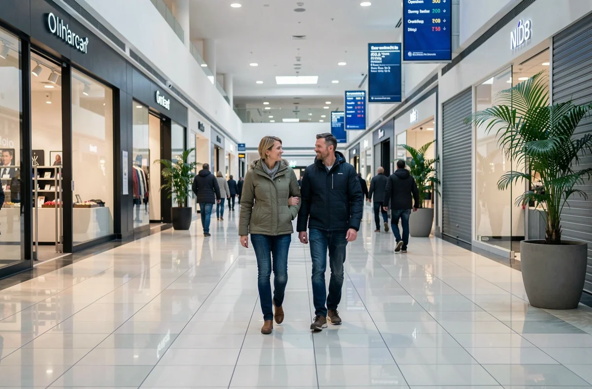 Couple se promenant dans un centre commercial partiellement ouvert le jour du 1er janvier