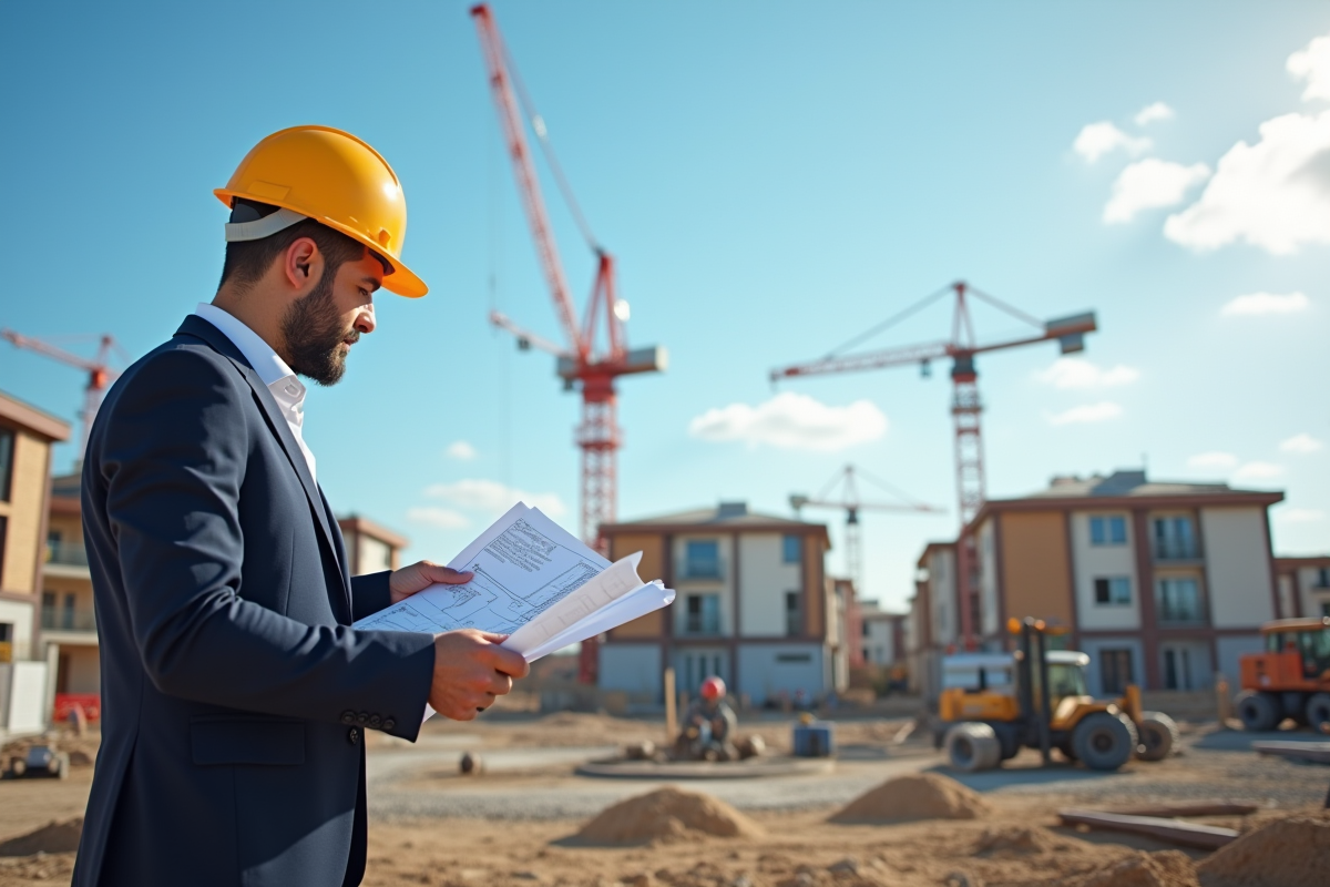 Chantier en France avec grues et bâtiments neufs en construction