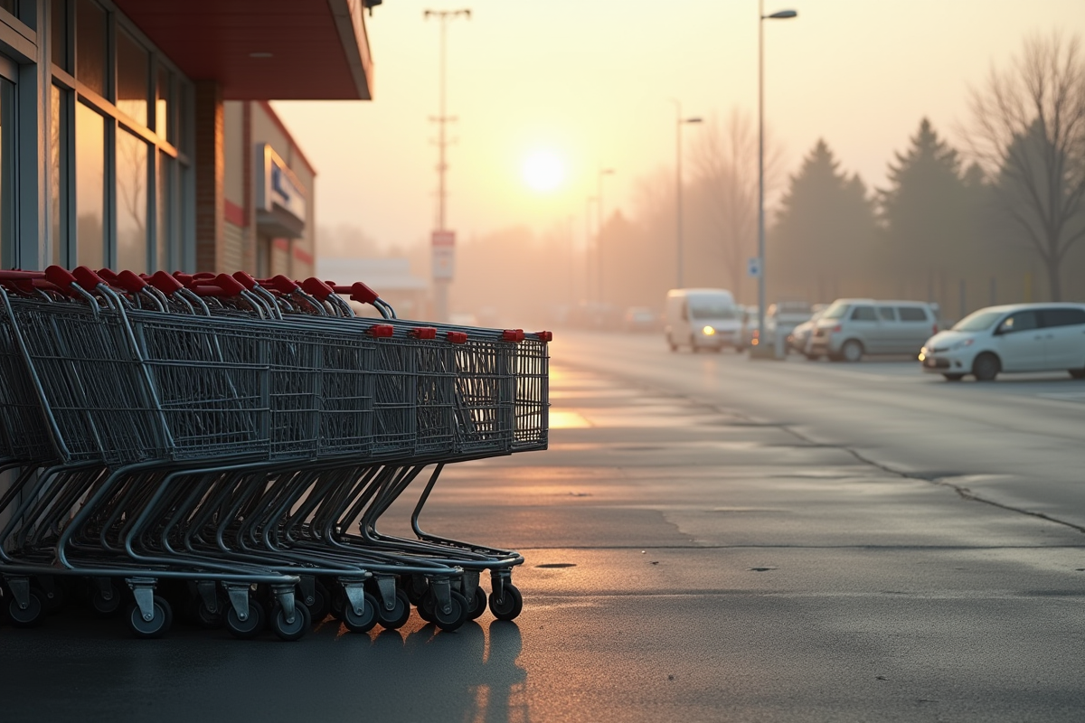 Chariots abandonnés devant un supermarché fermé