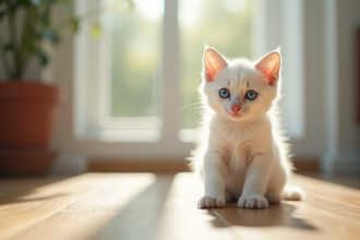 Chaton blanc aux yeux bleus sur un sol en bois en lumière naturelle