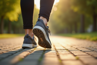 Les pieds d'une personne portant des baskets confortables marchant sur un chemin pavé au matin