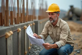 Chef de chantier analysant des calculs de conversion m2 en m3 sur un plan papier avant une coulée de béton