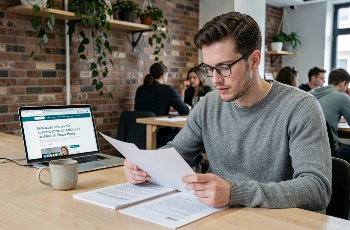 Jeune chercheur comparant deux documents institutionnels dans un espace de coworking contemporain