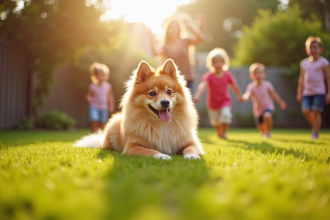 Finnish Spitz assis dans le jardin ensoleille avec famille
