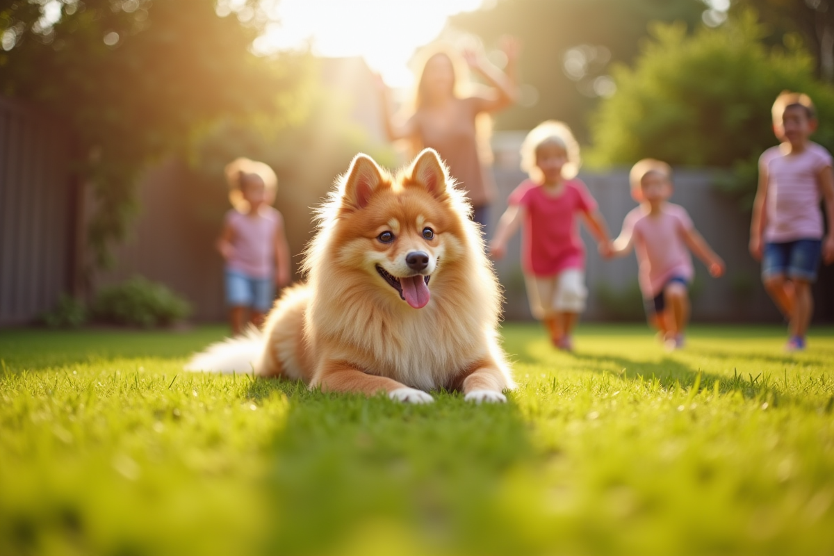 Finnish Spitz assis dans le jardin ensoleille avec famille
