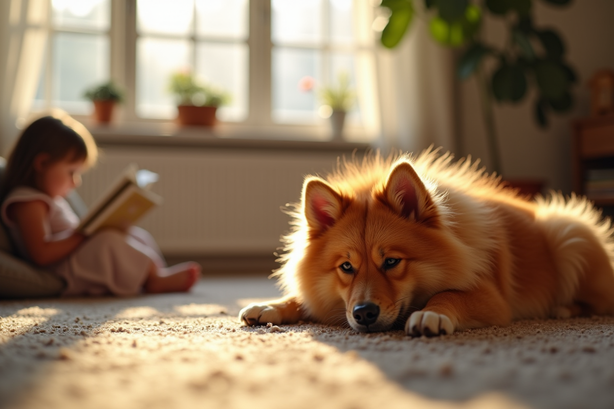 Finnish Spitz repose dans le salon avec un enfant lisant