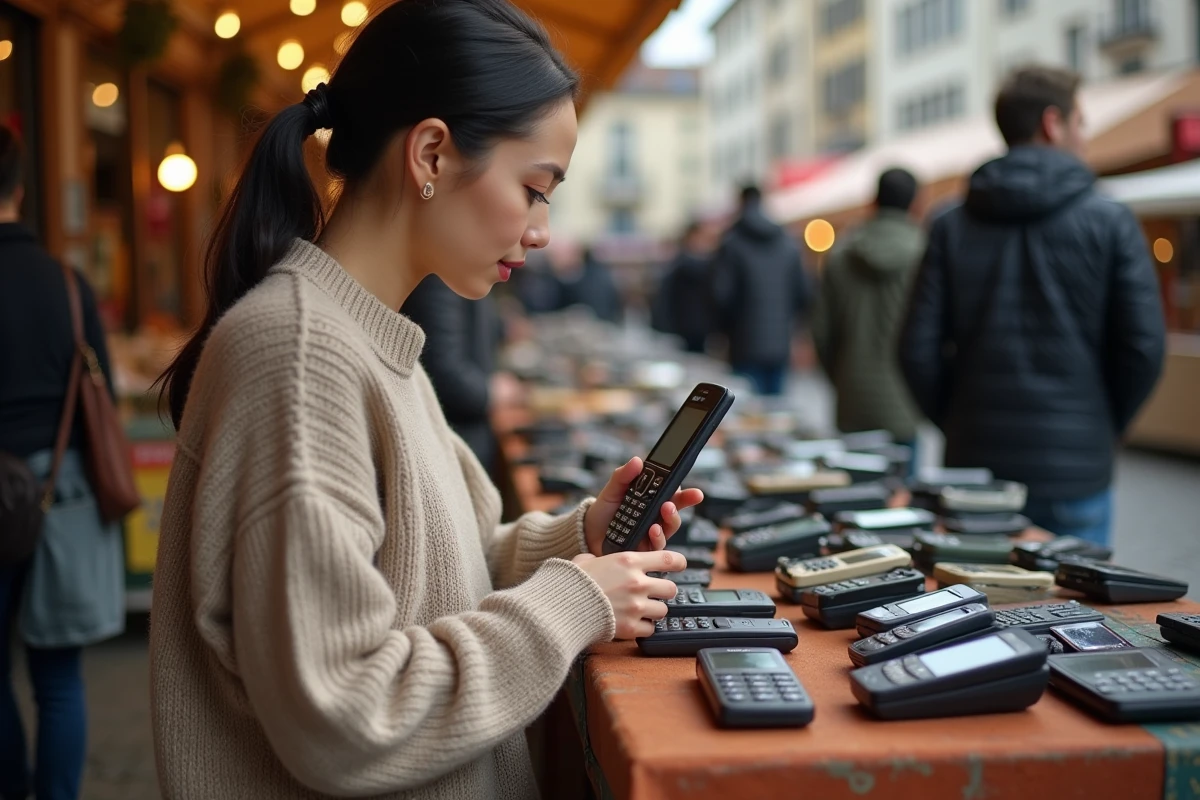 Femme inspectant un Nokia 3210 sur un stand de marché aux puces spécialisé en téléphones anciens