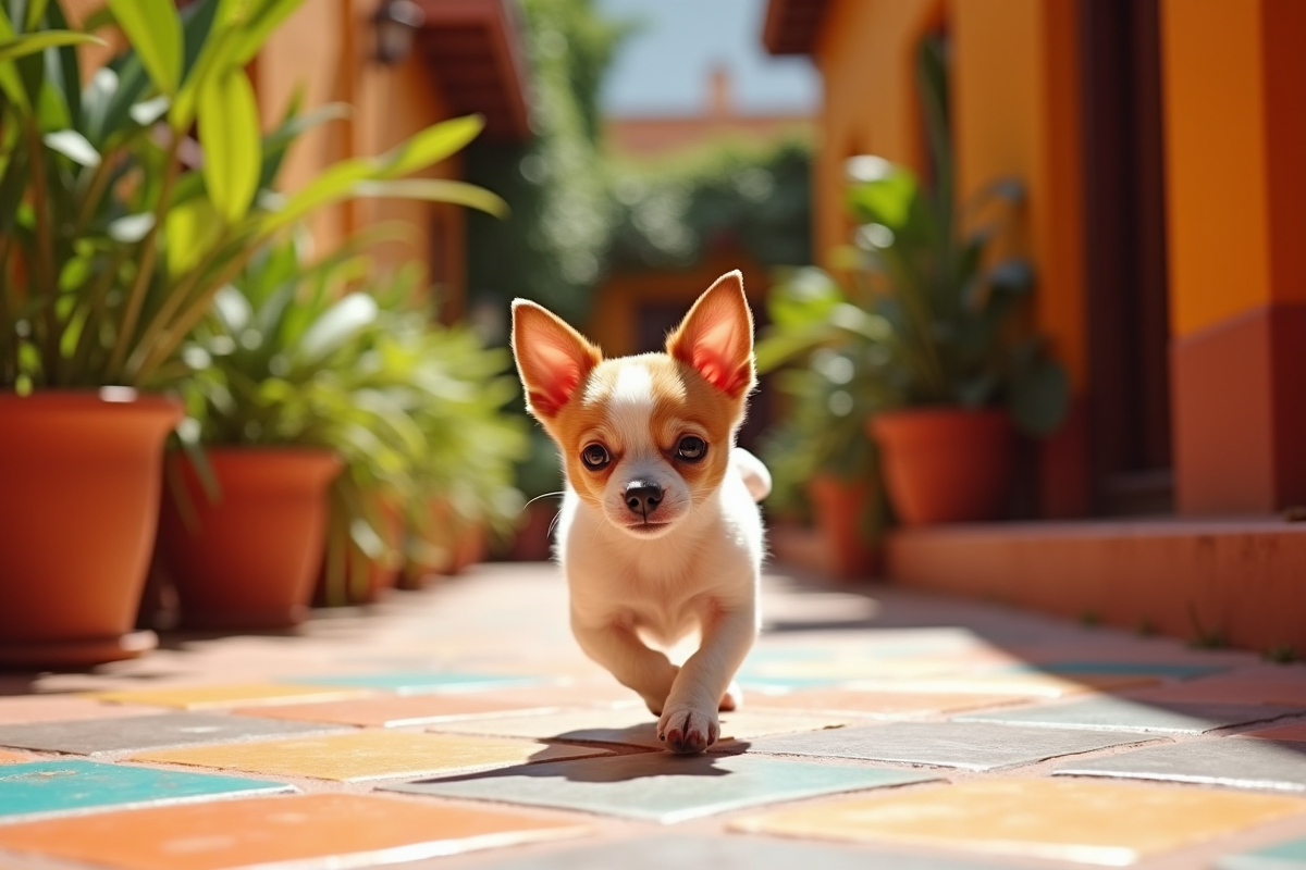 Jeune chiot Chihuahua jouant dans une cour colorée mexicaine