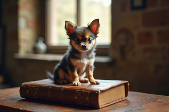 Chiot Chihuahua adorable sur un vieux livre en cuir