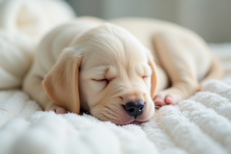 Chiot labrador endormi sur une couverture blanche